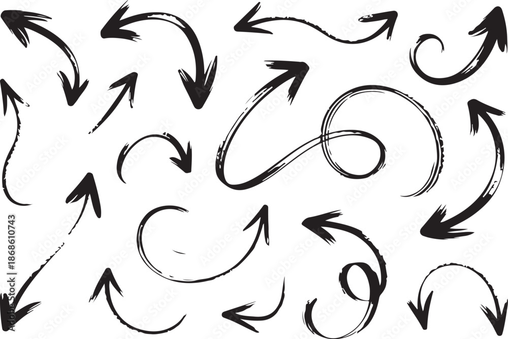 Fototapeta premium Elegant hand drawn curved arrows with flowing lines, swirls, and decorative directional motion