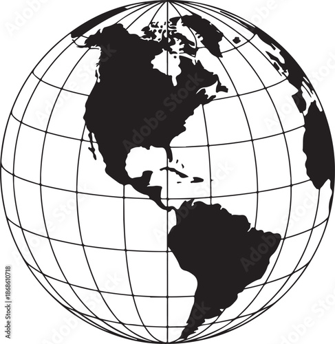 Black and transparent isolated globe, modern drawn element. Earth symbol, with meridians. The side of America