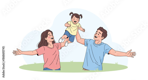 Joyful young parents playfully lifting their laughing daughter into the air while spending a happy, carefree day together in a park.