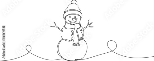 A simple yet charming line drawing of a snowman wearing a hat and scarf standing on a snowy ground with a minimalist background