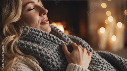 Cozy Comfort: Woman Relaxing by Fireplace with Warm Scarf