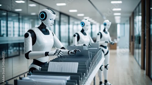 Three robots are working together to sort and organize files in an office. They focus on their tasks while surrounded by contemporary office design and technology
