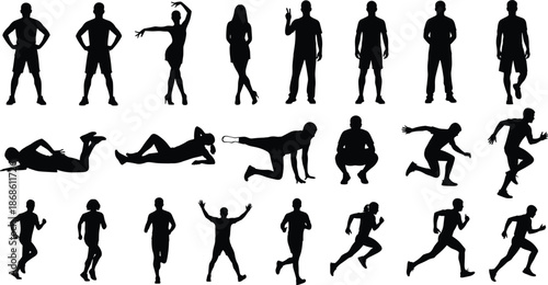 Silhouetted people poses, standing, squatting, crawling, running, expressive gestures, black figures, white background, human motion, vector illustration, posture diversity, dynamic activity