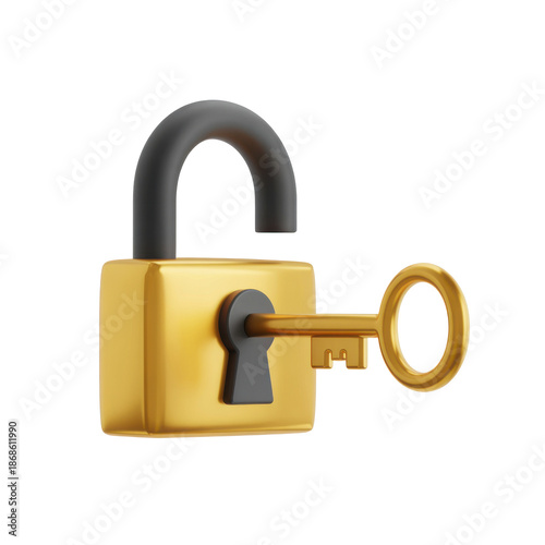 3D icon of a gold padlock and key set isolated on transparent background