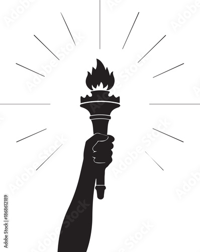 Silhouette of a hand holding a glowing torch with radiating light
