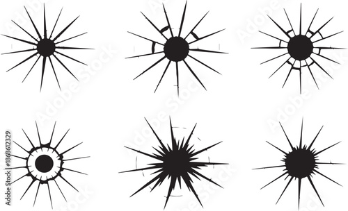 Cracked glass. Broken window, shattered glassy surface and break windshield glass texture silhouette vector illustration set