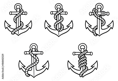 Hand drawn line art nautical anchor set featuring anchors with different rope wraps for maritime design