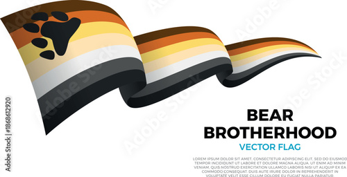 International Bear Brotherhood Flag. Bear Flag. Part of the LGBTQ community. Shining flag with realistic shadows waving in three layers. The elegant curves and shading create a sense of motion