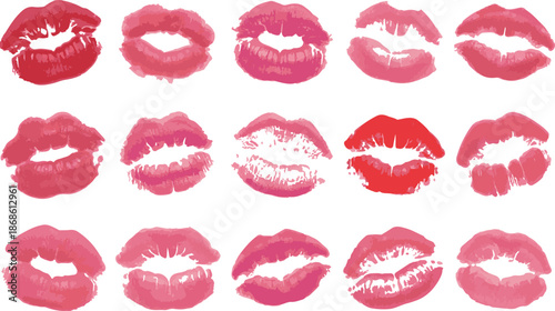 Different lipstick prints of women lips on white background