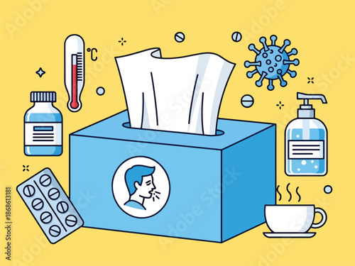Cartoon illustration of cold and flu relief items against a yellow background