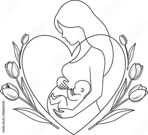 Mother tenderly breastfeeding her baby surrounded by tulips and heart