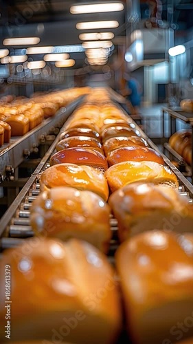 Workers are preparing bread rolls in a bakery. The rolls are lined up on shelves, showing the process of baking. This takes place during the day in a large production setting