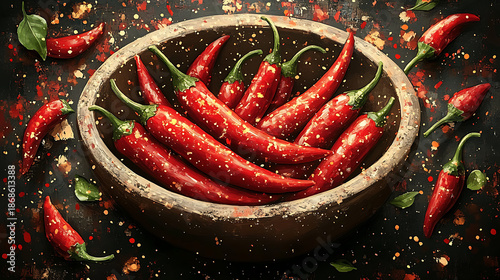 Modern logo idea with red and orange chili icons flaring outward from mortar image 