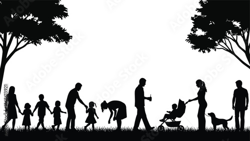 Family park silhouette, outdoor life, parenting moment, stroller scene, dog companion, tree framing, black vector, peaceful gathering, everyday joy, 