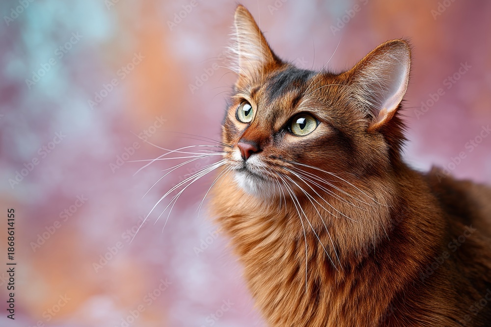 Fototapeta premium Portrait of a funny somali cat in front of pastel or soft colors background.