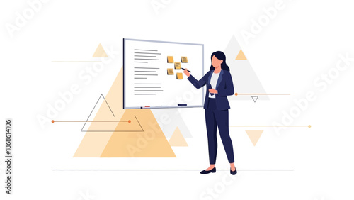 Businesswoman presenting ideas on a whiteboard with sticky notes, planning strategy
