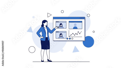 Businesswoman presenting online meeting and analytics on screen, flat design illustration