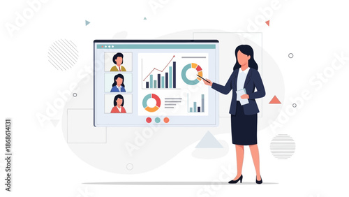 Businesswoman presenting online meeting with charts and graphs on screen