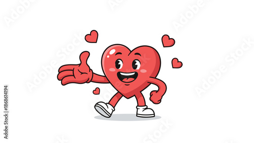 Cheerful heart character giving a thumbs up gesture and walking confidently with small red hearts floating around.