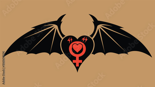 Stylized heart featuring a female symbol with black bat wings on a neutral background representing gothic feminine power.