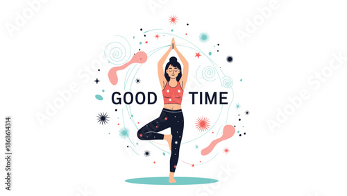 Peaceful woman practicing yoga tree pose surrounded by celestial stars and swirls with the text good time for mindfulness.