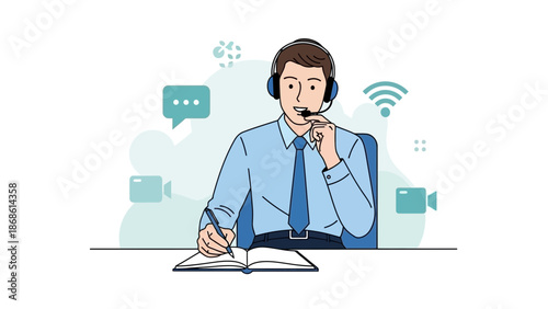 Customer service agent wearing headset, writing notes, icons for communication and video calls