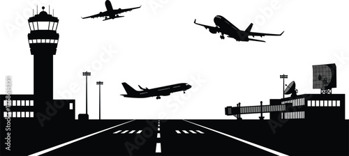 Airport runway silhouette with control tower radar and commercial airplanes taking off for travel transportation and aviation industry vector design. (20 words)