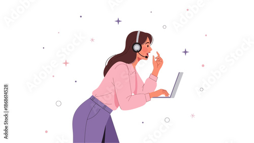 Customer service operator with headset and laptop, woman working in call center, communication icon
