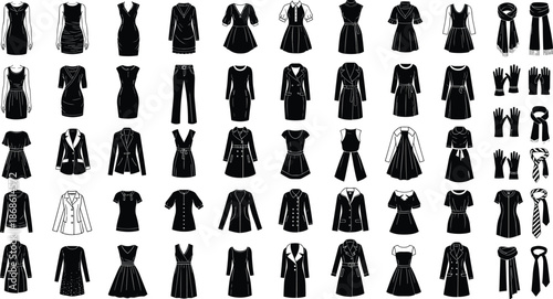 Huge Collection of Female Fashion Apparel Silhouettes Including Dresses Coats Jackets and Accessories for Clothing Store Design and Retail Marketing