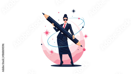 Sophisticated businesswoman in a dark suit wearing sunglasses while holding a giant pencil in a creative dreamlike space.