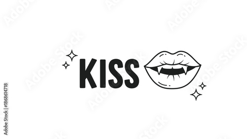 Bold black text reading kiss next to a pair of female vampire lips with sharp white fangs and tiny sparkles around.
