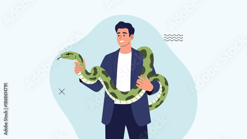 Smiling man in a blue jacket holding a large green snake with black spots against a soft light blue background shape.