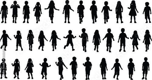 Large Silhouette Collection of Children Playing Students Reading Books and Parents Walking with Baby Strollers for Family and Education Concepts Vector