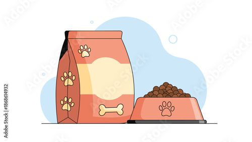 Bag of high quality dry pet food standing next to a full bowl with kibble and paw print icons on a soft background.
