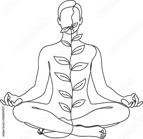 Meditation and spiritual growth represented through a person with leaves growing from their body