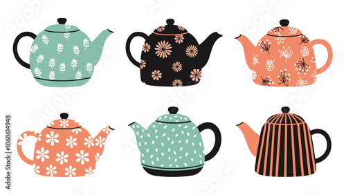 Six charming ceramic teapots with different floral polka dot and striped patterns for a traditional tea time collection.