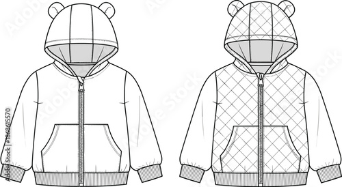 Children hooded jacket sketch, bear ear hoodie, quilted texture, flat vector, fashion template, front zipper, ribbed cuffs, garment design
