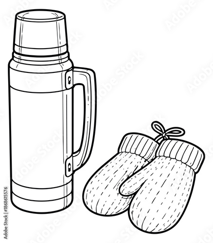 Hand drawn line art accessories set featuring a thermos and a pair of mittens for winter