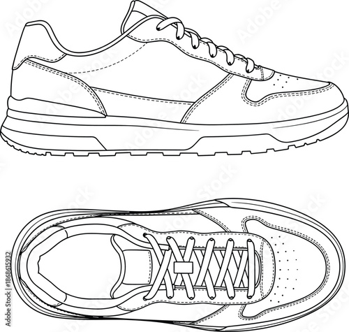 Sneaker technical sketch, side and top view, flat vector, footwear design, lacing system, sole detail, fashion template, shoe drawing