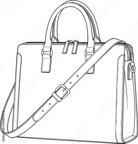 Structured handbag sketch, top handle and shoulder strap, flat vector, zip closure, fashion design, product template, accessory drawing
