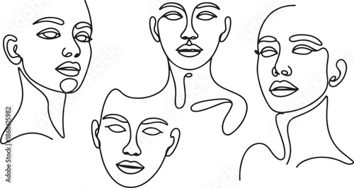 Set of stylized woman faces. Modern single line art. Woman beauty fashion concept, minimalistic style