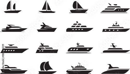 Ship and marine boat black silhouette set