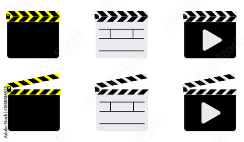 Video clapperboard icon set showing film slate, movie production, play button, cinema and media recording symbols, suitable for video editing, filmmaking, broadcasting and multimedia use.