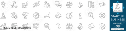 Startup business line icon set featuring innovation, growth strategy, and entrepreneurship symbols. Ideal for pitch decks, startup websites, and app UI design. Editable