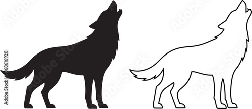 Wolf howling vector icon set featuring solid black silhouette and line art outline. Wild animal predator standing and calling at the moon illustration for nature logo or mascot design.