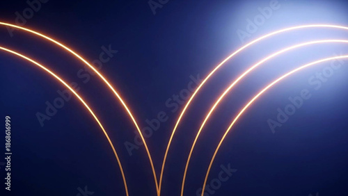 Glowing orange arcs illuminated against a dark blue background with a radiant light source