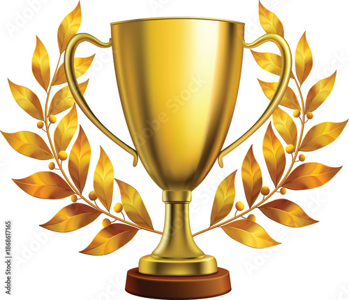 Golden trophy cup surrounded by laurel leaves for victory awards