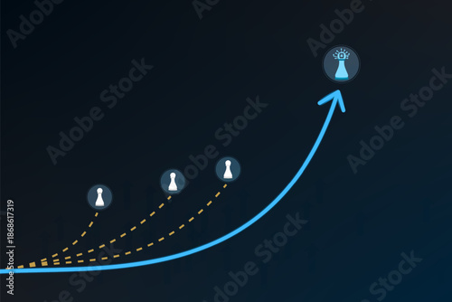 Strategic business growth concept with chess pawns and rising arrow showing ai progress evolution