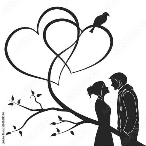 Couple embracing under hearts