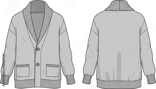 Men shawl collar cardigan technical flat sketch, front back view, long sleeve knitwear apparel vector illustration mockup design template